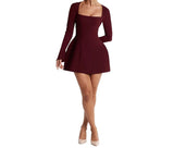 Elegant Square Neck Long Sleeve Bodycon Dress – Slim Fit Short Dress