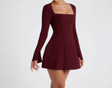 Elegant Square Neck Long Sleeve Bodycon Dress – Slim Fit Short Dress